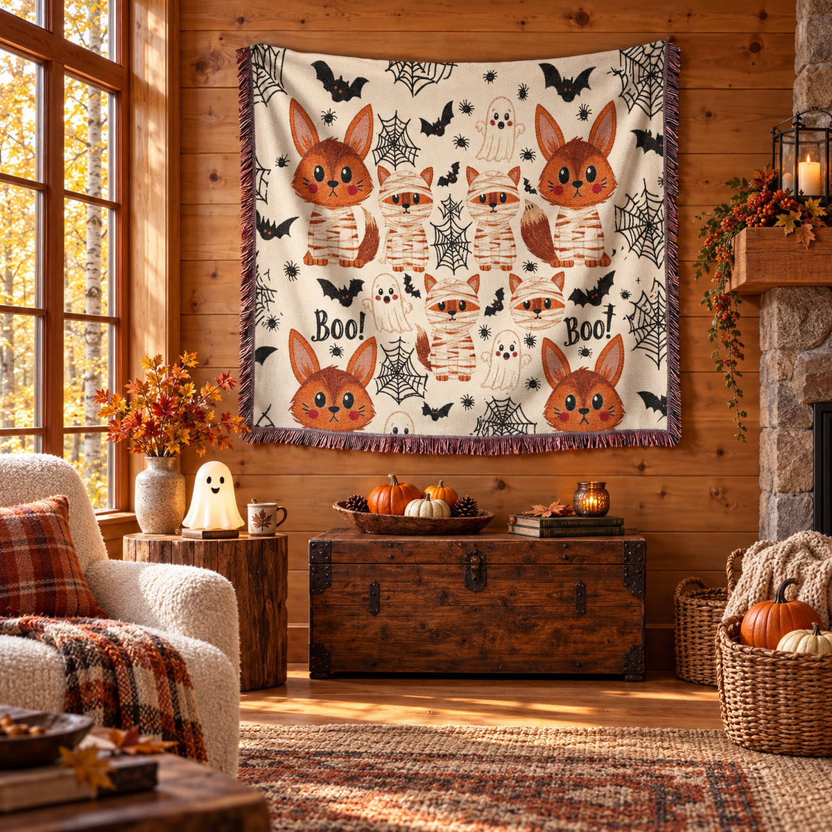 Cute Halloween Fox Woven Blanket – Mummies, Ghosts & Bats