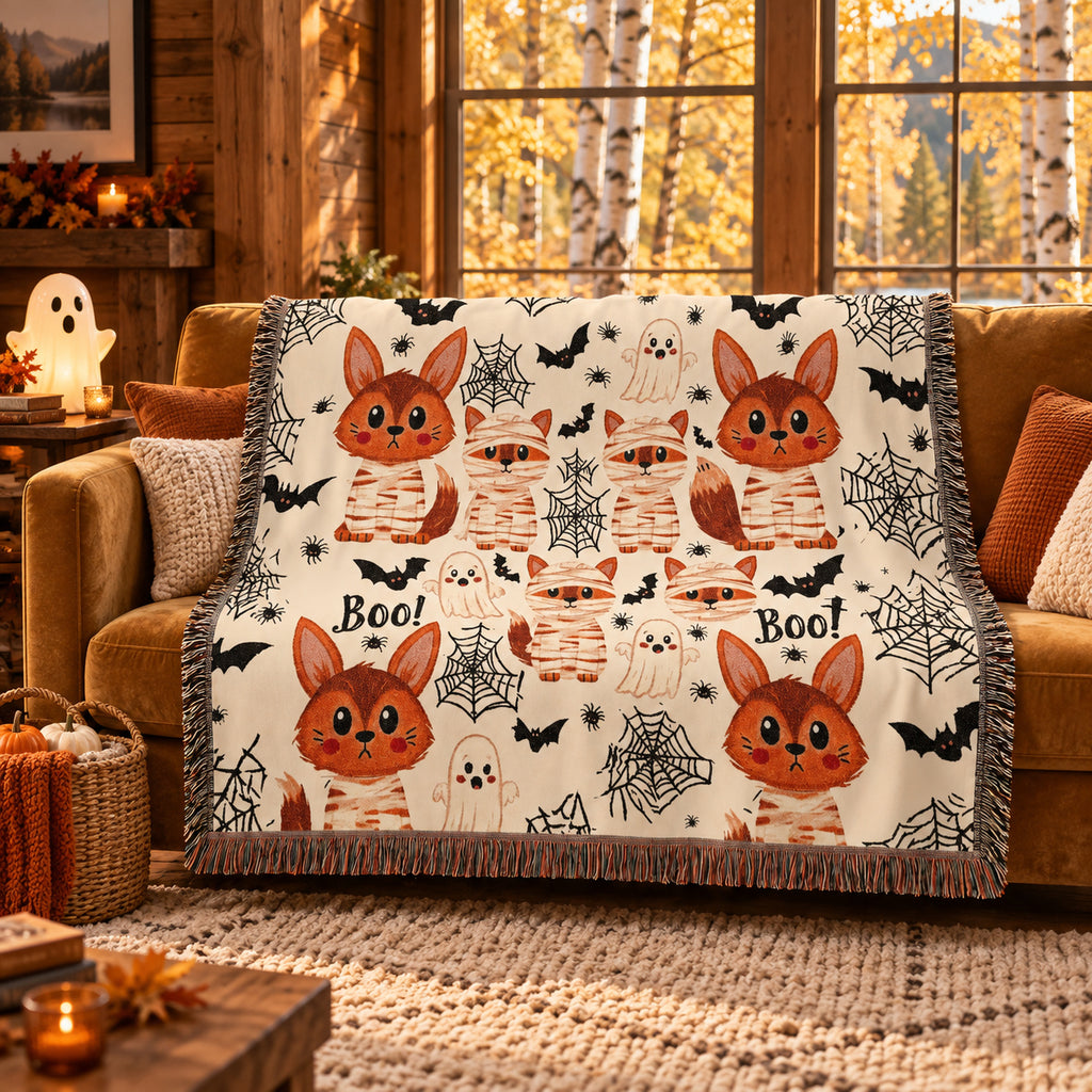 Cute Halloween Fox Woven Blanket – Mummies, Ghosts & Bats