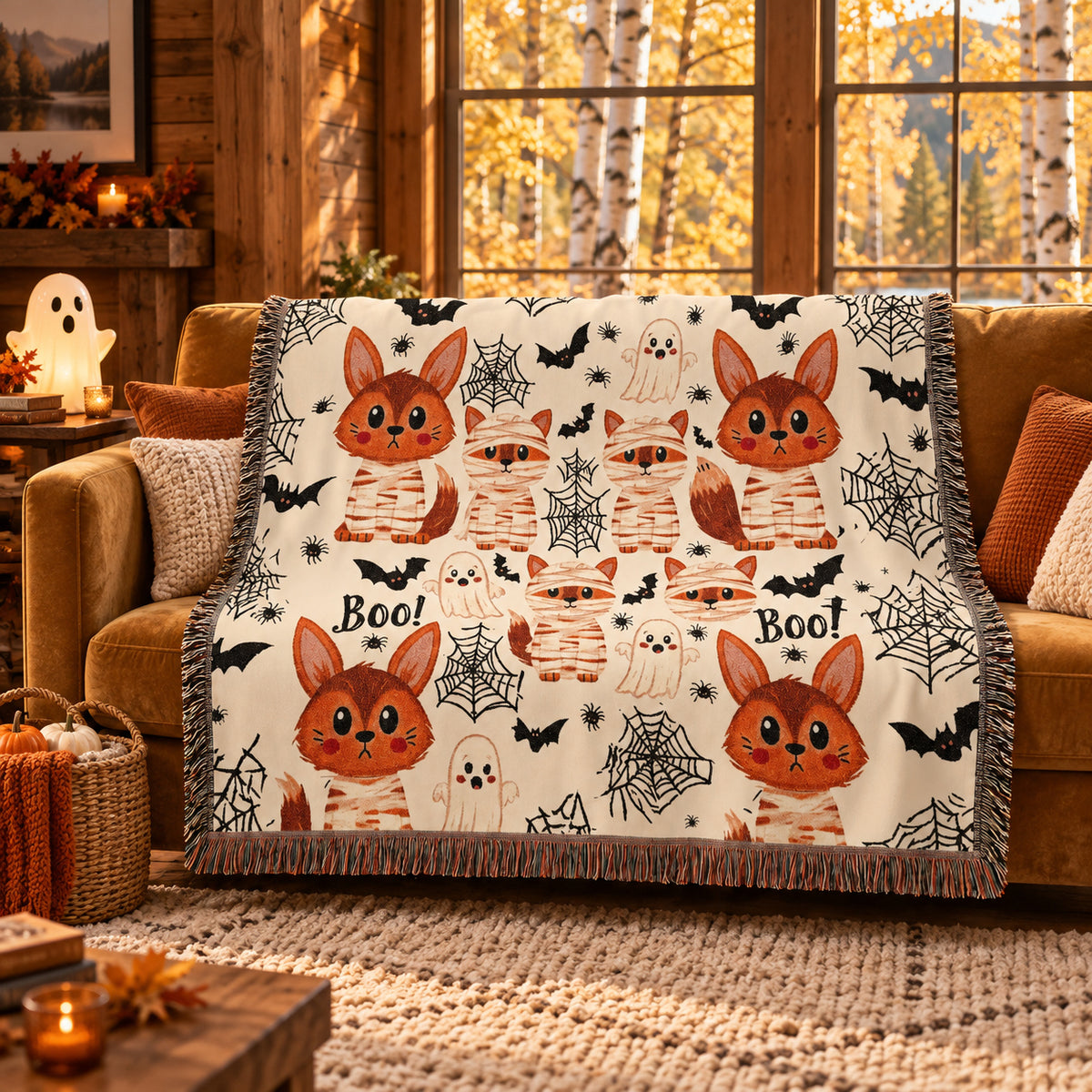 Cute Halloween Fox Woven Blanket – Mummies, Ghosts & Bats