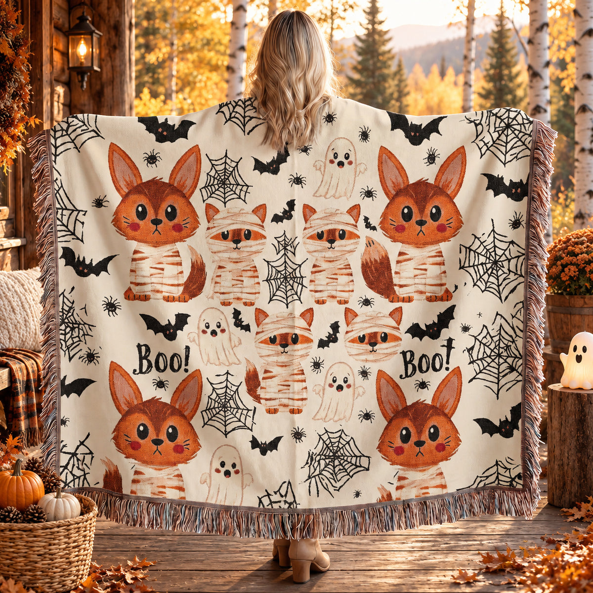 Cute Halloween Fox Woven Blanket – Mummies, Ghosts & Bats