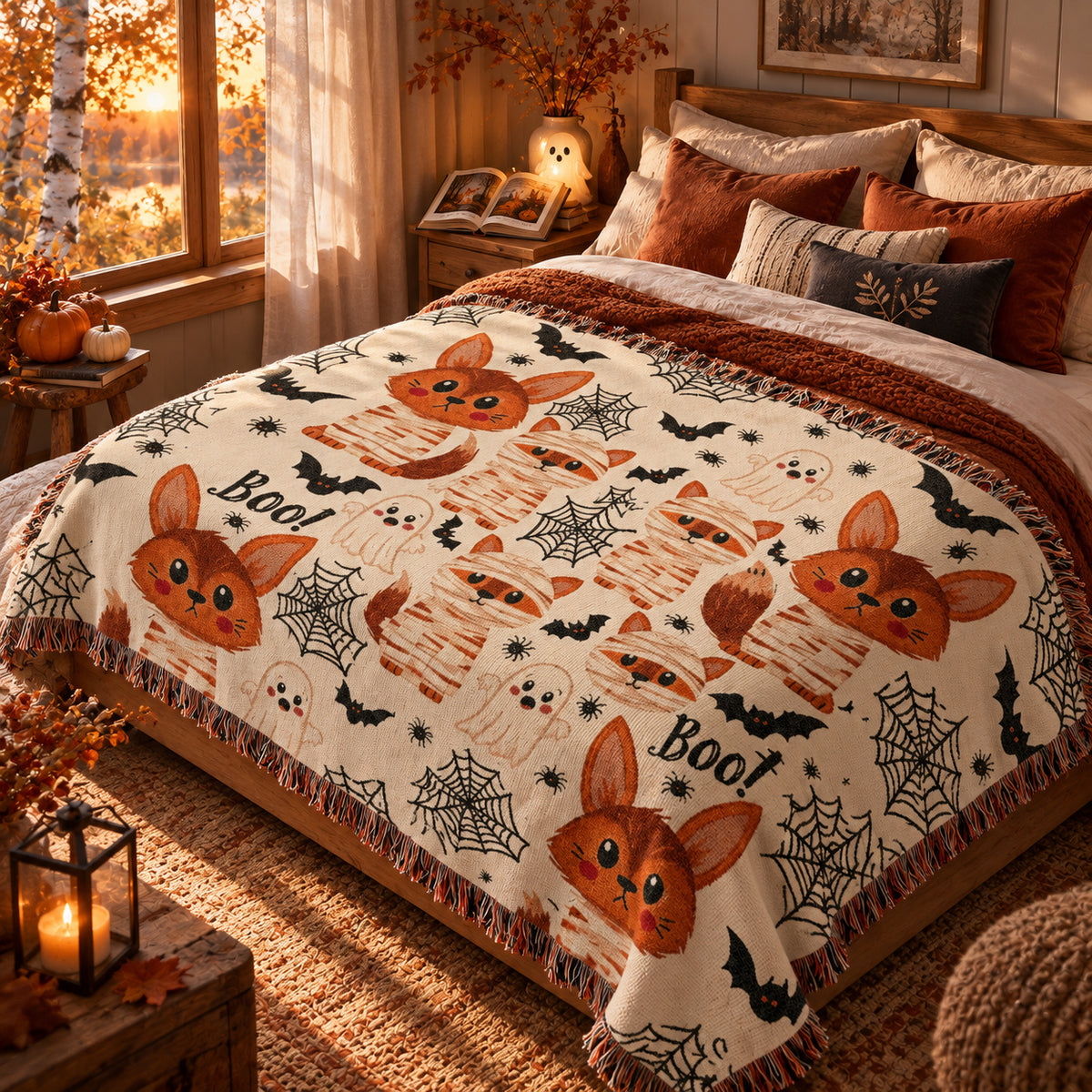 Cute Halloween Fox Woven Blanket – Mummies, Ghosts & Bats