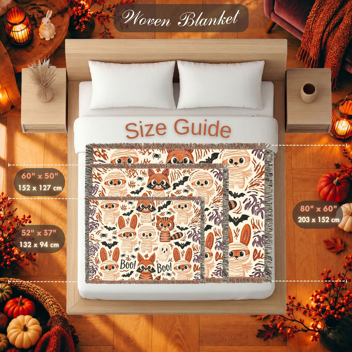 Cute Halloween Bunny Woven Blanket – Mummies, Raccoons & Ghosts