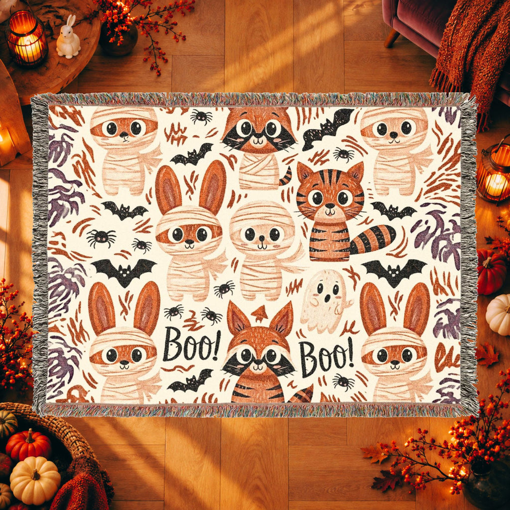 Cute Halloween Bunny Woven Blanket – Mummies, Raccoons & Ghosts