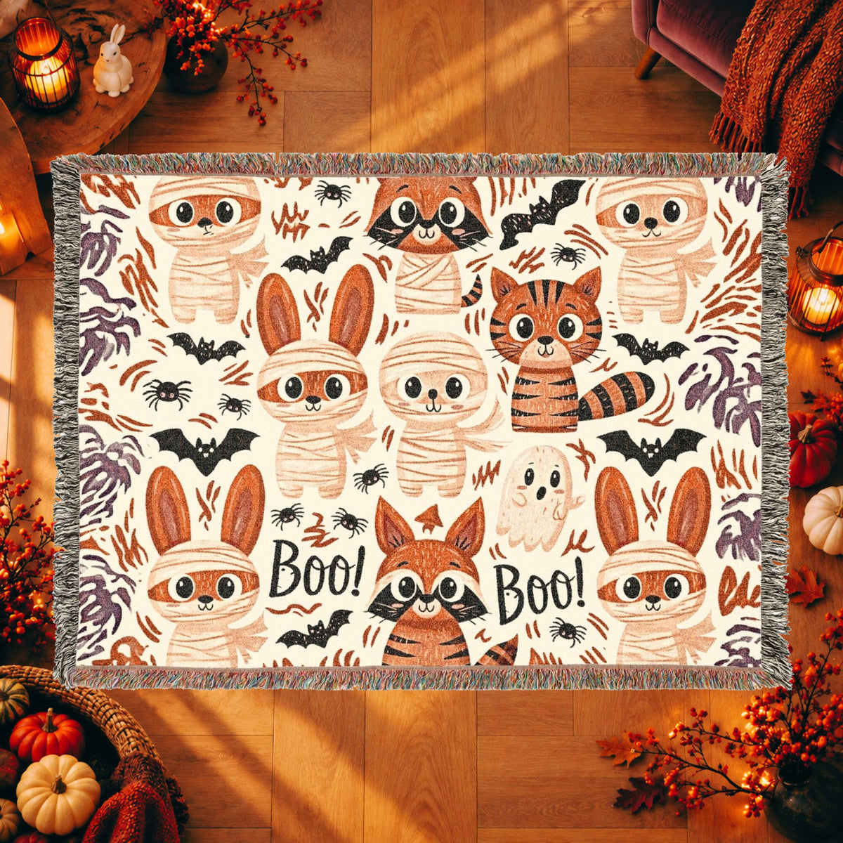 Cute Halloween Bunny Woven Blanket – Mummies, Raccoons & Ghosts