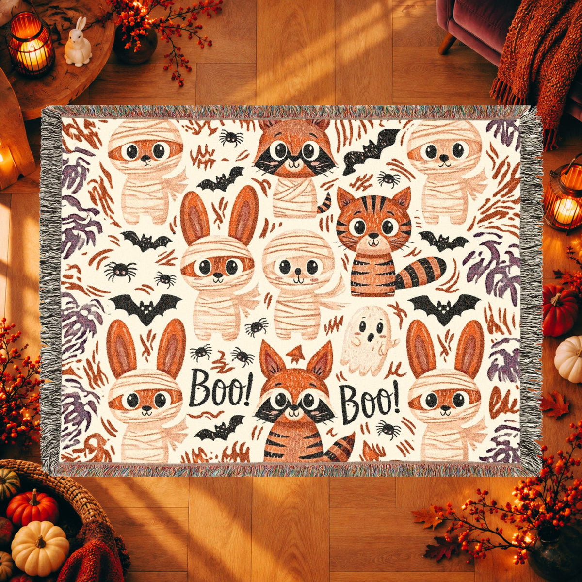 Cute Halloween Bunny Woven Blanket – Mummies, Raccoons & Ghosts