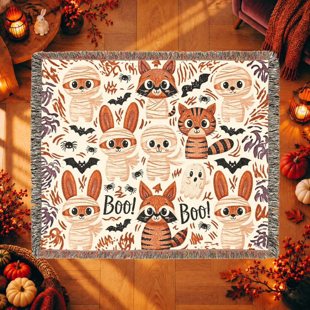 Cute Halloween Bunny Woven Blanket – Mummies, Raccoons & Ghosts