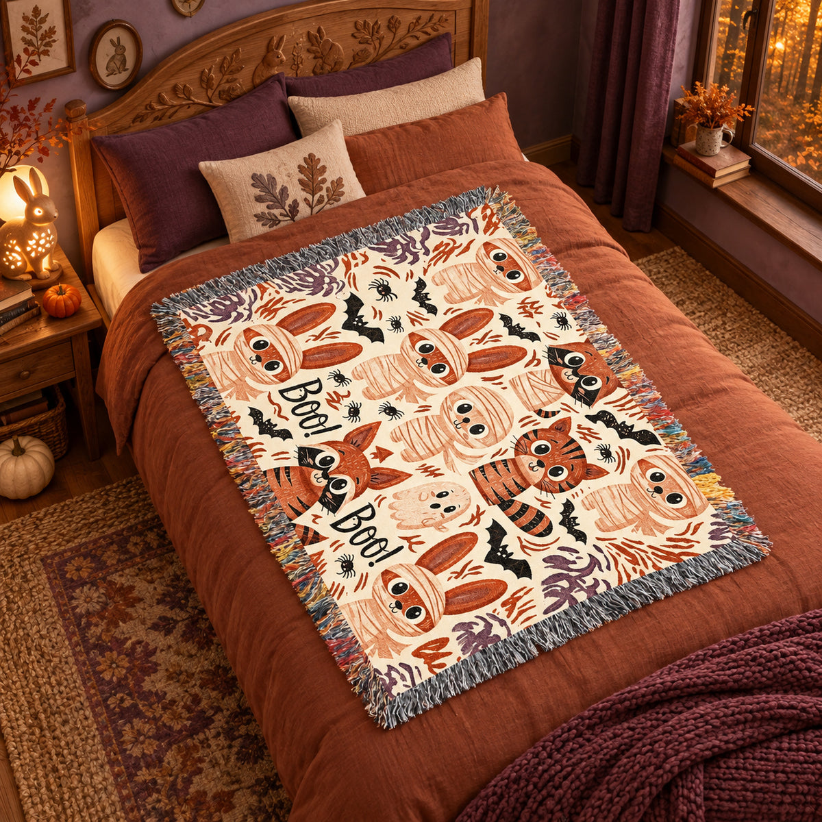 Cute Halloween Bunny Woven Blanket – Mummies, Raccoons & Ghosts
