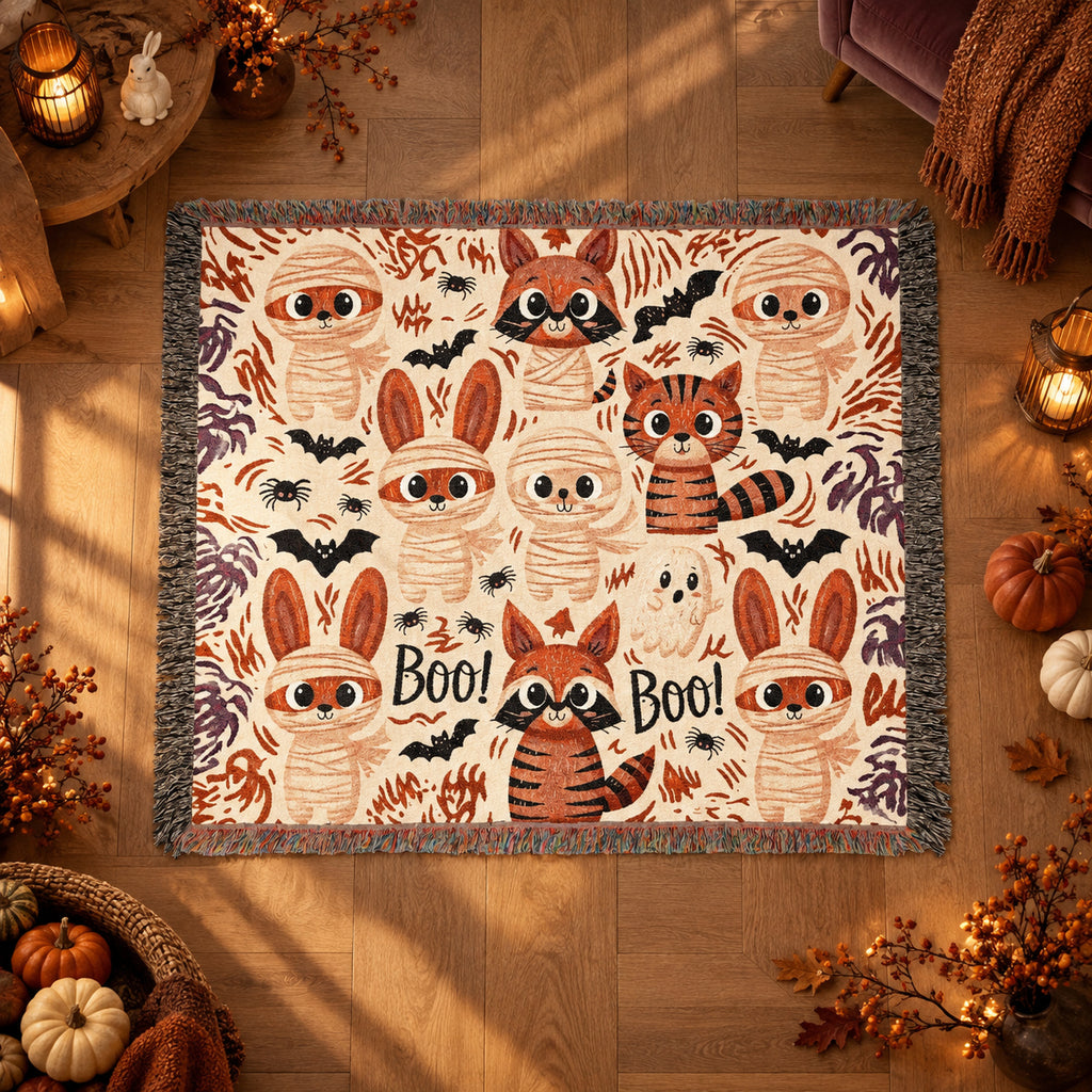 Cute Halloween Bunny Woven Blanket – Mummies, Raccoons & Ghosts