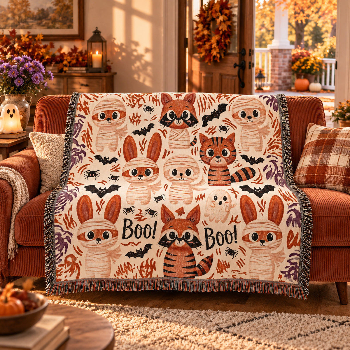 Cute Halloween Bunny Woven Blanket – Mummies, Raccoons & Ghosts