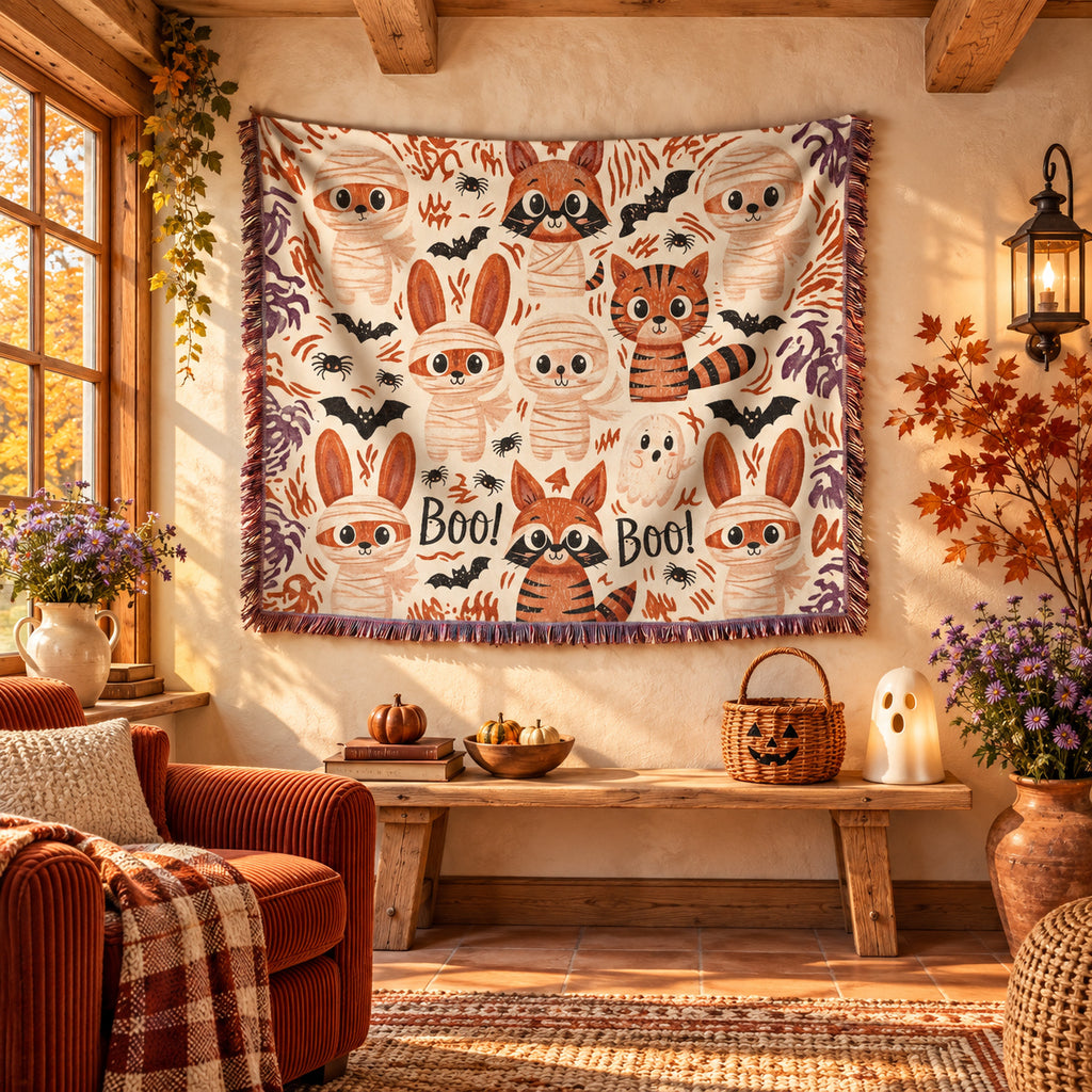 Cute Halloween Bunny Woven Blanket – Mummies, Raccoons & Ghosts