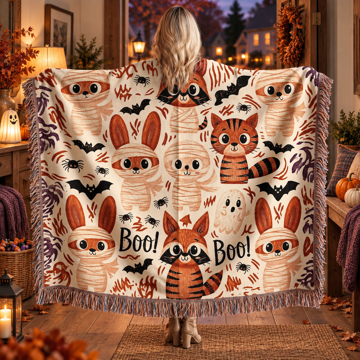 Cute Halloween Bunny Woven Blanket – Mummies, Raccoons & Ghosts