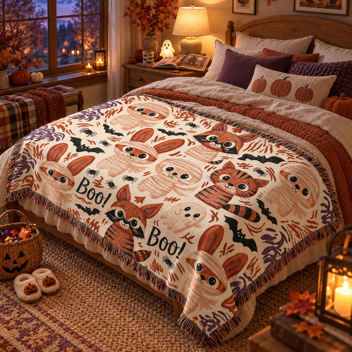 Cute Halloween Bunny Woven Blanket – Mummies, Raccoons & Ghosts