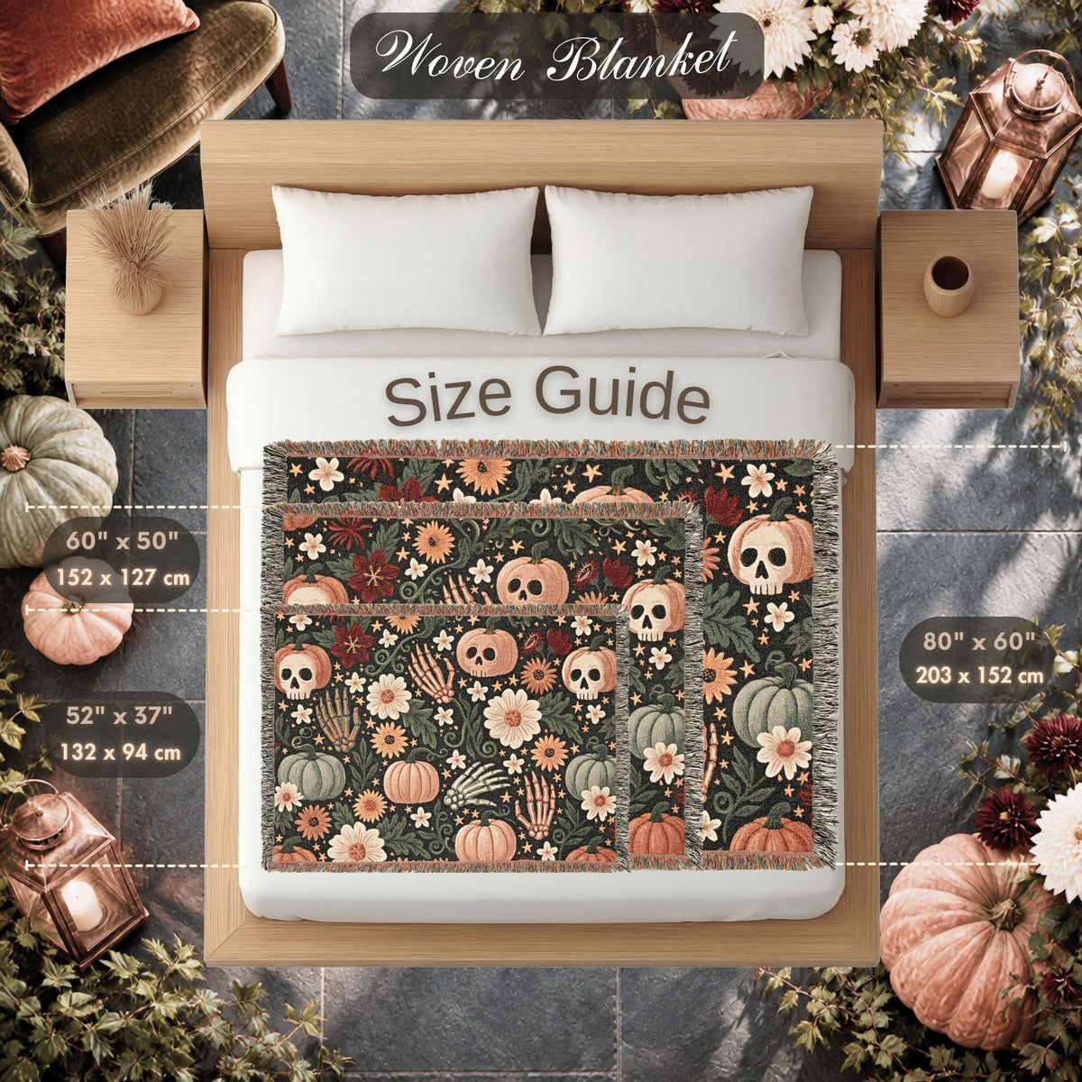 Floral Skull Halloween Woven Blanket – Pumpkins, Skeleton Hands & Flowers