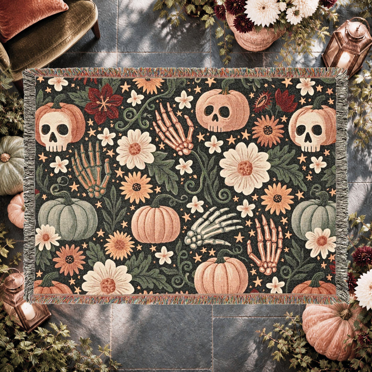 Floral Skull Halloween Woven Blanket – Pumpkins, Skeleton Hands & Flowers