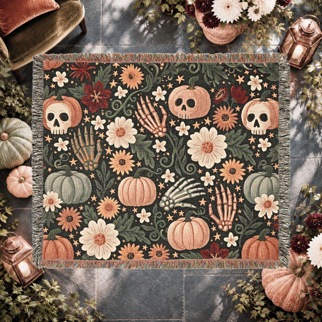 Floral Skull Halloween Woven Blanket – Pumpkins, Skeleton Hands & Flowers
