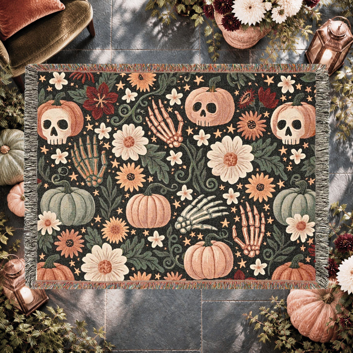 Floral Skull Halloween Woven Blanket – Pumpkins, Skeleton Hands & Flowers
