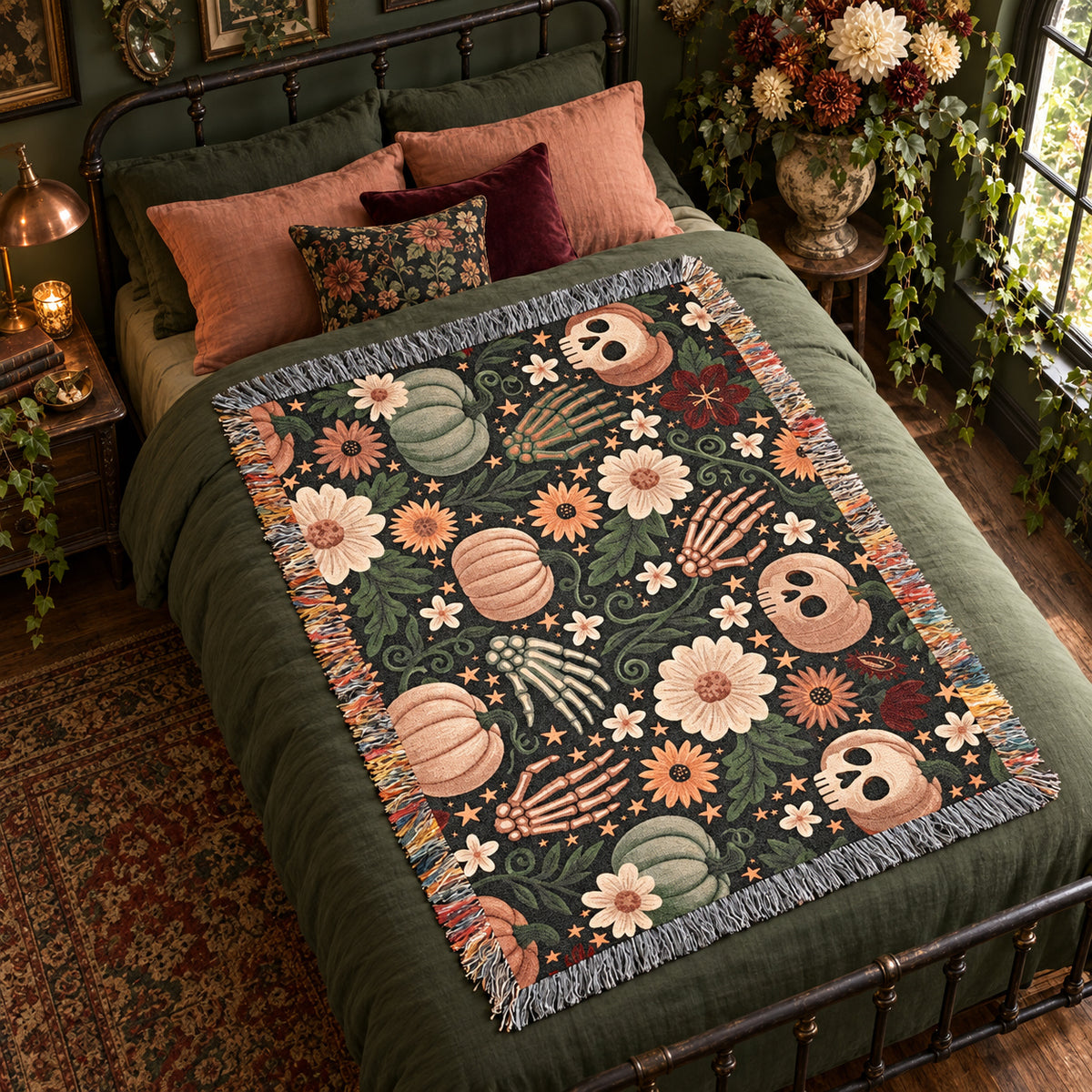 Floral Skull Halloween Woven Blanket – Pumpkins, Skeleton Hands & Flowers