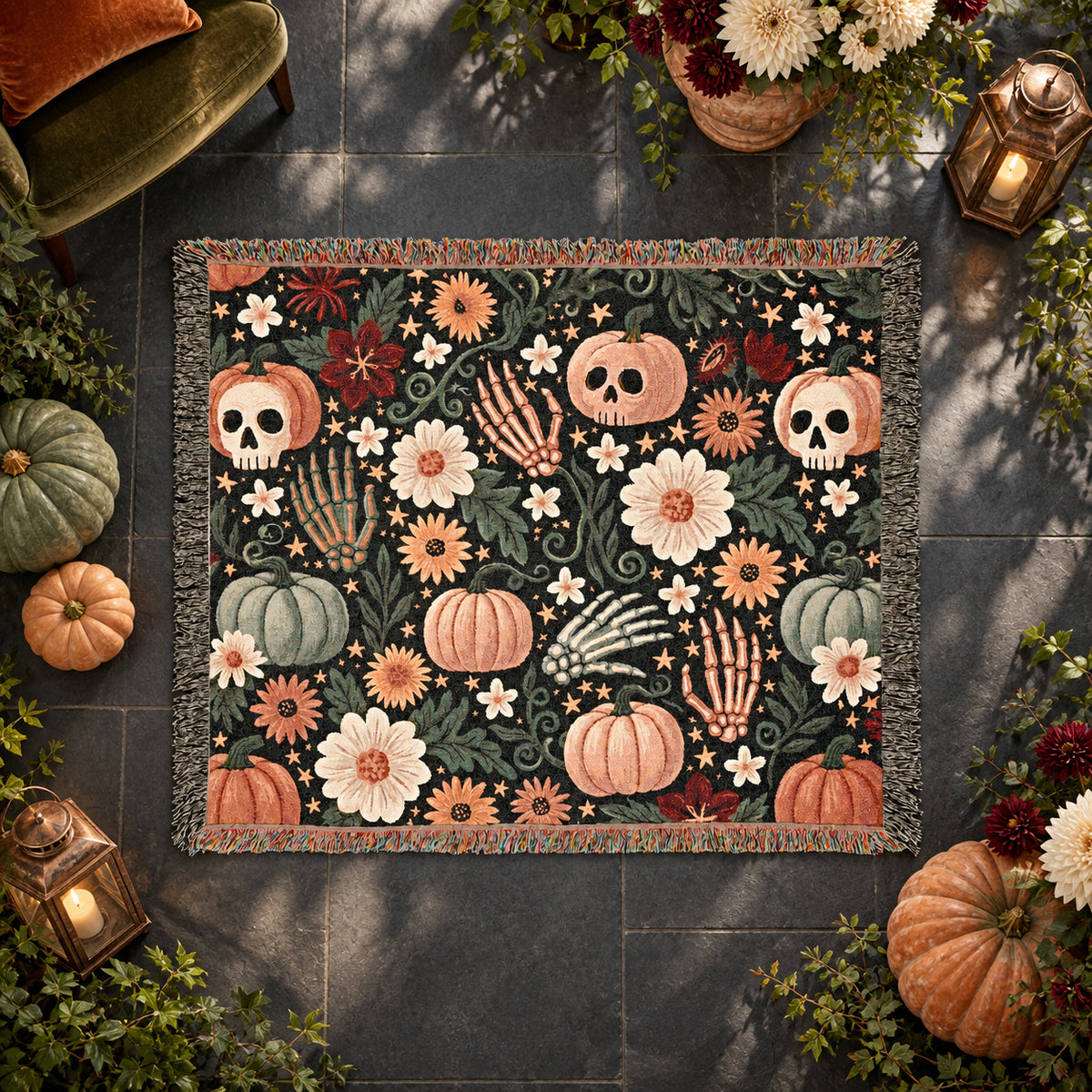 Floral Skull Halloween Woven Blanket – Pumpkins, Skeleton Hands & Flowers