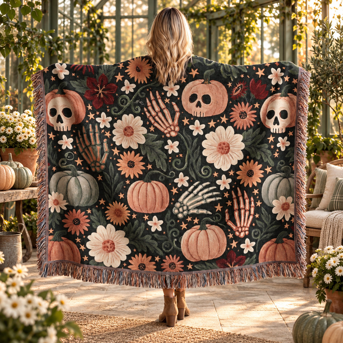 Floral Skull Halloween Woven Blanket – Pumpkins, Skeleton Hands & Flowers