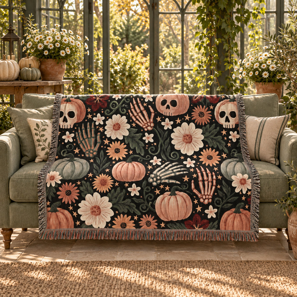 Floral Skull Halloween Woven Blanket – Pumpkins, Skeleton Hands & Flowers