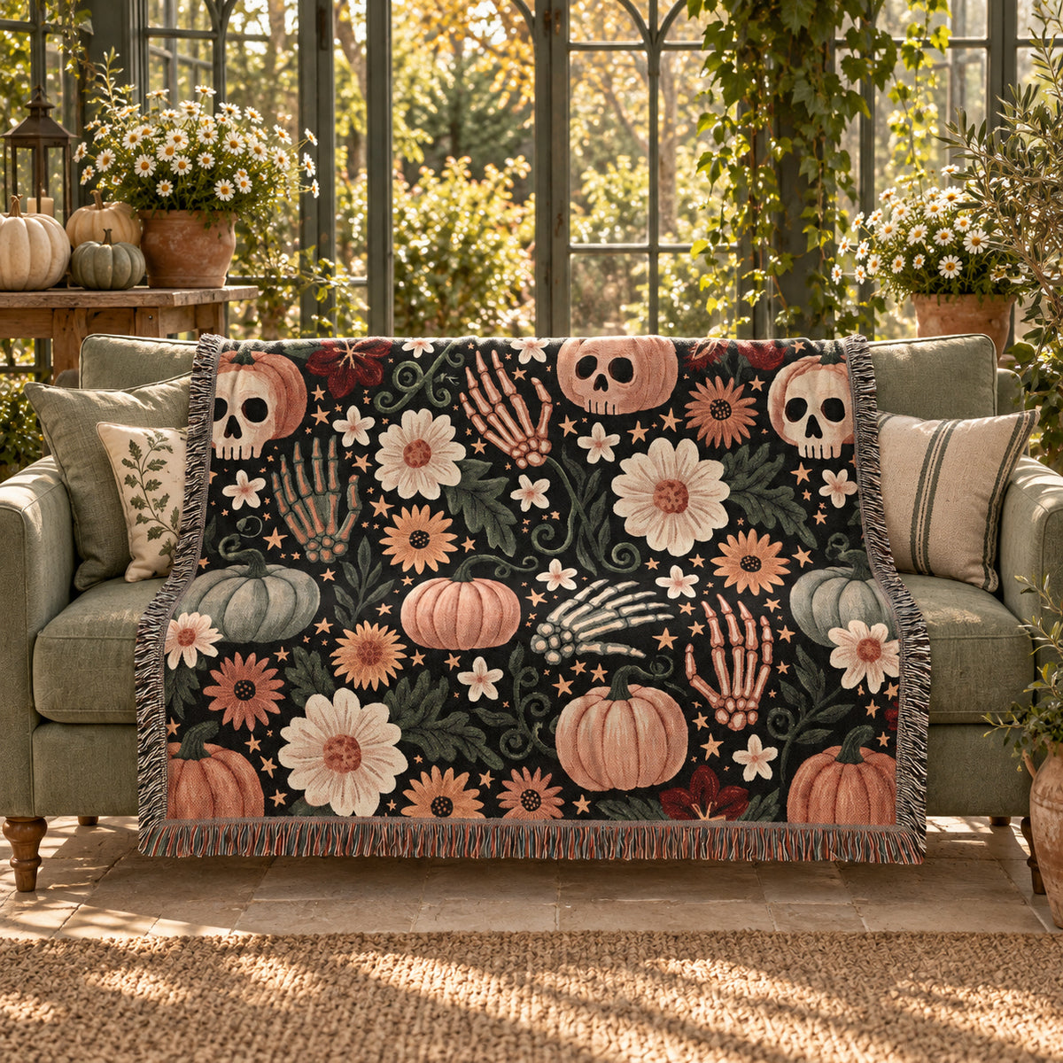 Floral Skull Halloween Woven Blanket – Pumpkins, Skeleton Hands & Flowers
