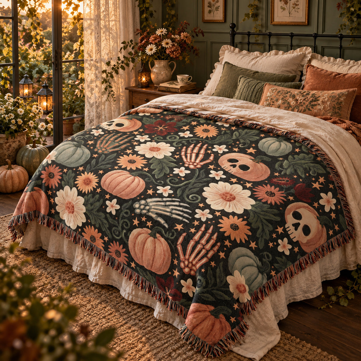 Floral Skull Halloween Woven Blanket – Pumpkins, Skeleton Hands & Flowers