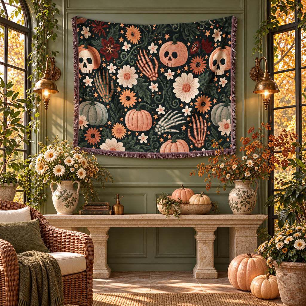 Floral Skull Halloween Woven Blanket – Pumpkins, Skeleton Hands & Flowers