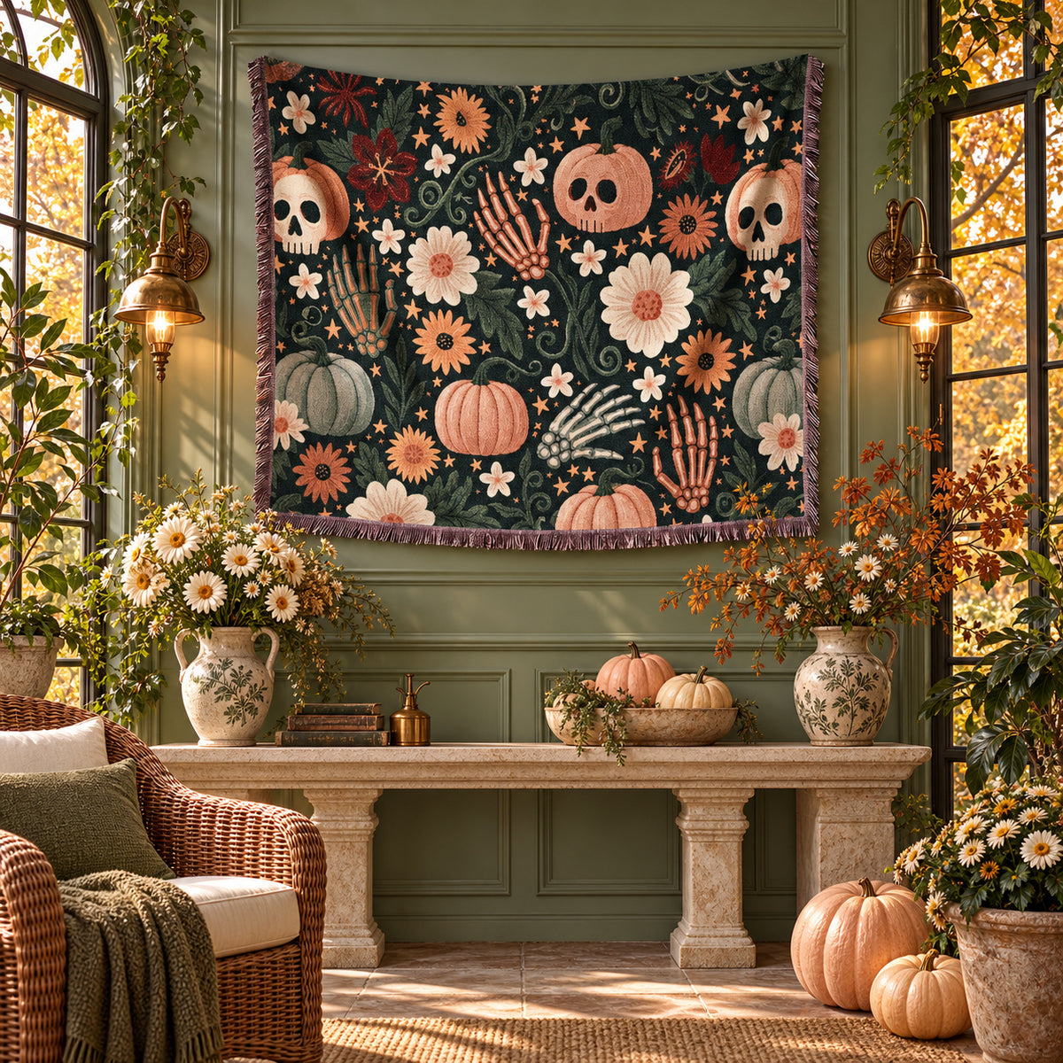 Floral Skull Halloween Woven Blanket – Pumpkins, Skeleton Hands & Flowers