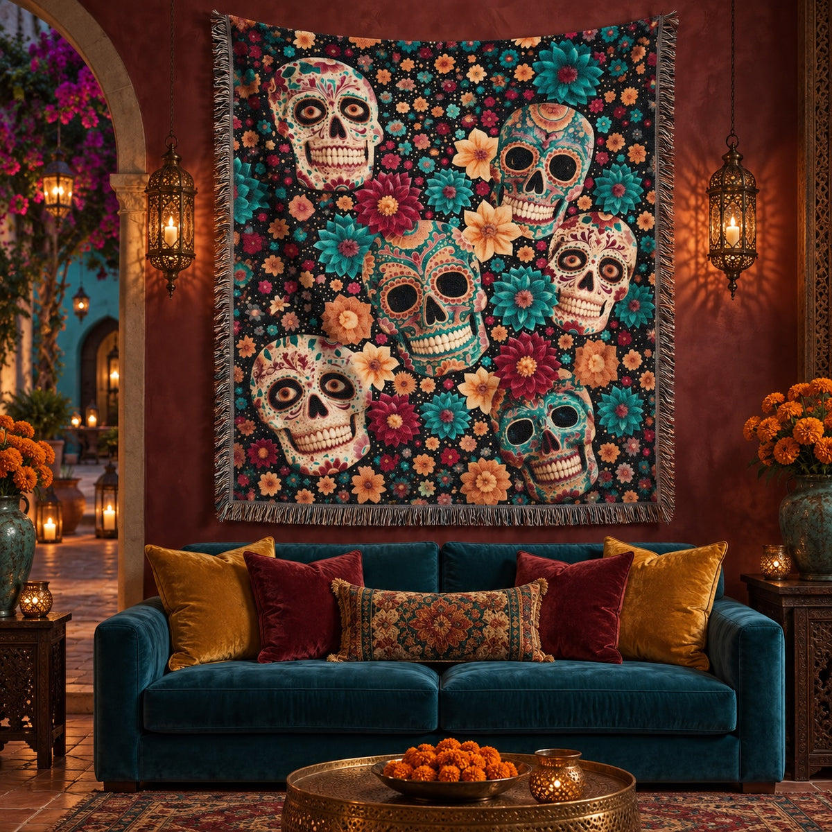 Day of the Dead Sugar Skull Woven Blanket – Colorful Floral Skeleton Art