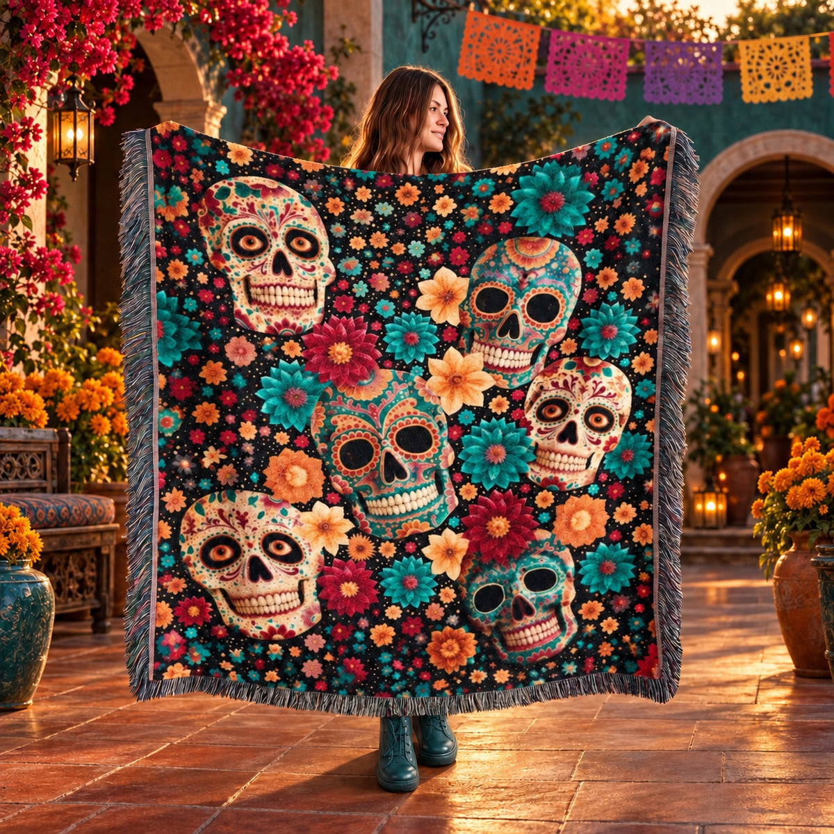 Day of the Dead Sugar Skull Woven Blanket – Colorful Floral Skeleton Art