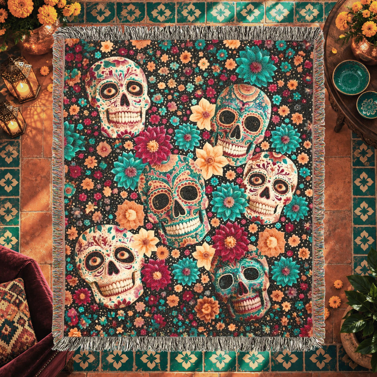 Day of the Dead Sugar Skull Woven Blanket – Colorful Floral Skeleton Art