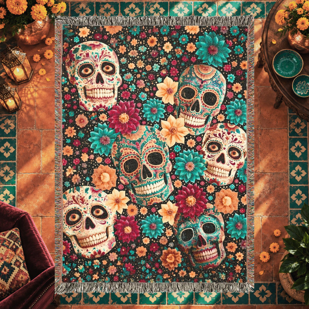 Day of the Dead Sugar Skull Woven Blanket – Colorful Floral Skeleton Art