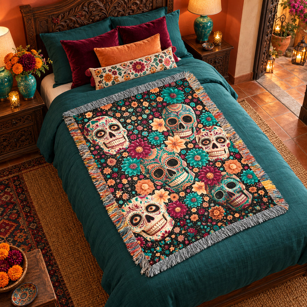 Day of the Dead Sugar Skull Woven Blanket – Colorful Floral Skeleton Art