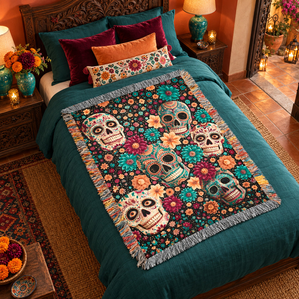 Day of the Dead Sugar Skull Woven Blanket – Colorful Floral Skeleton Art