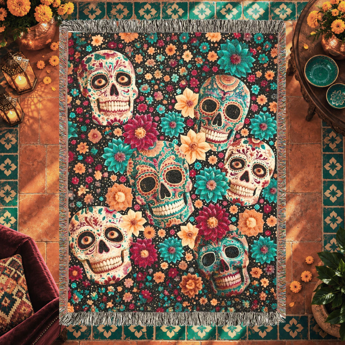Day of the Dead Sugar Skull Woven Blanket – Colorful Floral Skeleton Art