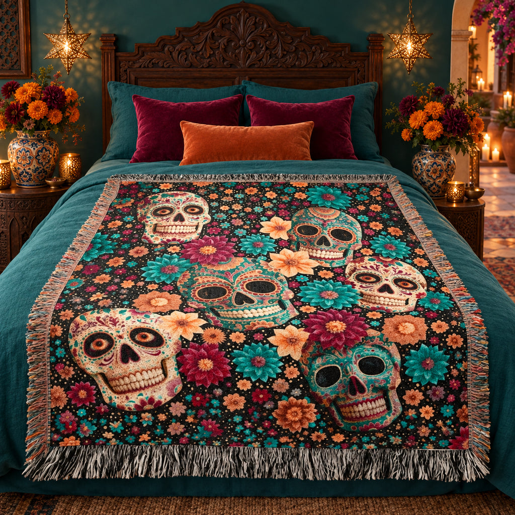 Day of the Dead Sugar Skull Woven Blanket – Colorful Floral Skeleton Art