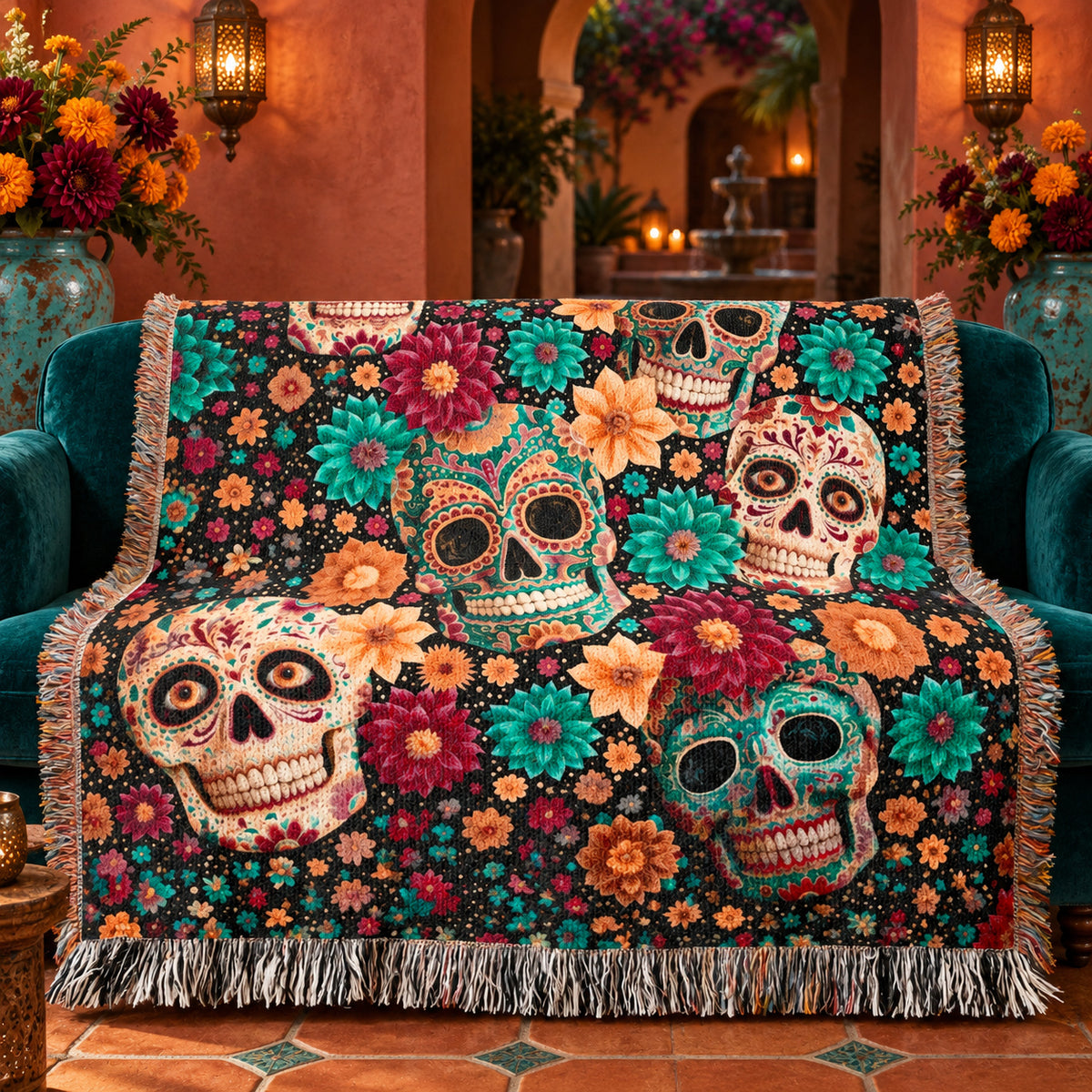 Day of the Dead Sugar Skull Woven Blanket – Colorful Floral Skeleton Art