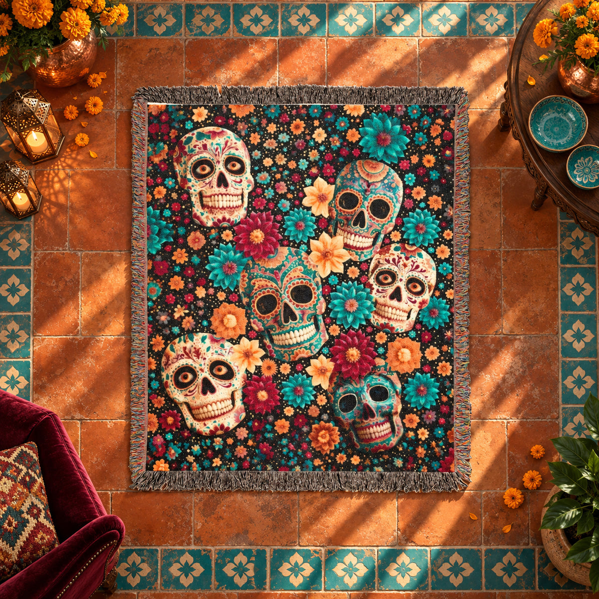 Day of the Dead Sugar Skull Woven Blanket – Colorful Floral Skeleton Art