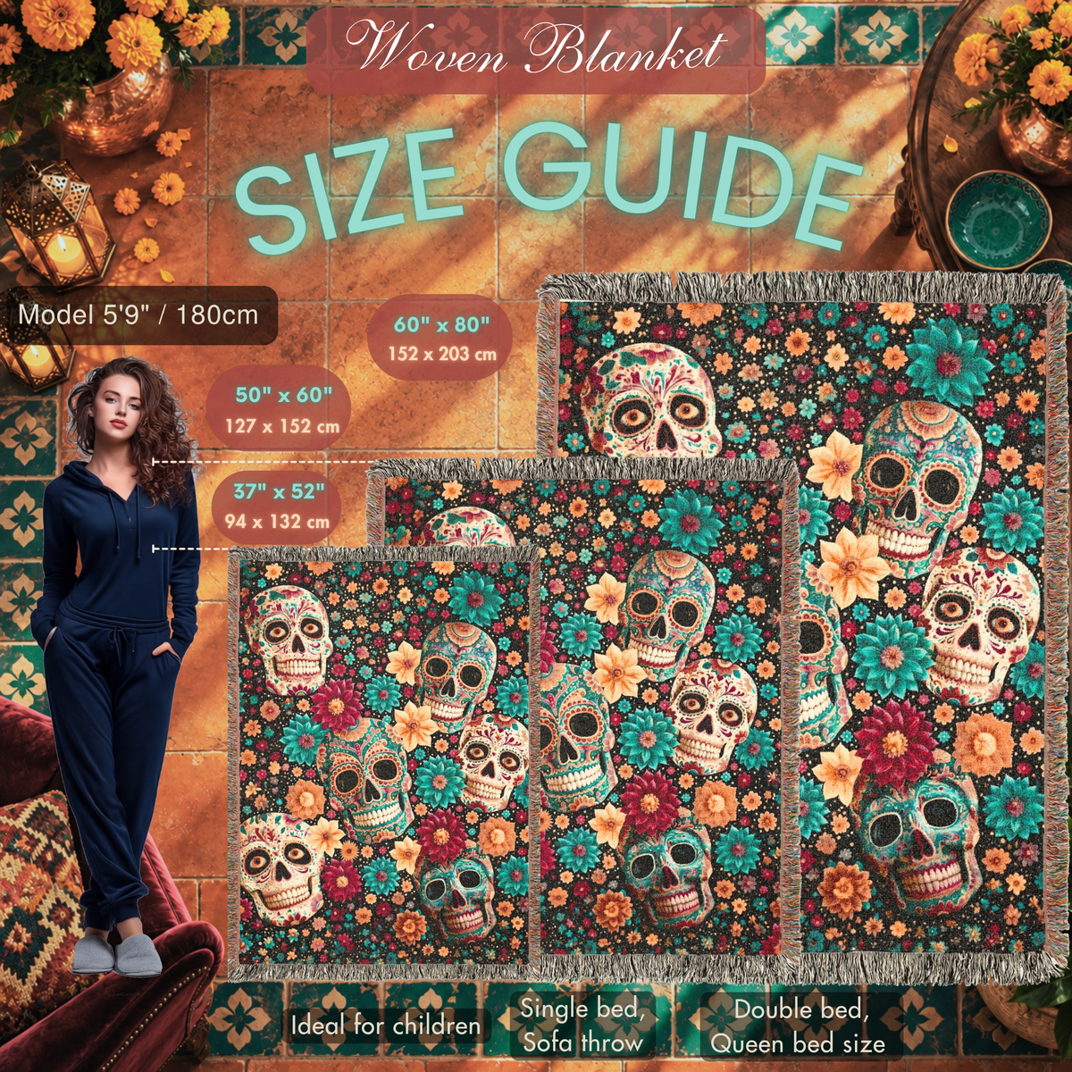 Day of the Dead Sugar Skull Woven Blanket – Colorful Floral Skeleton Art