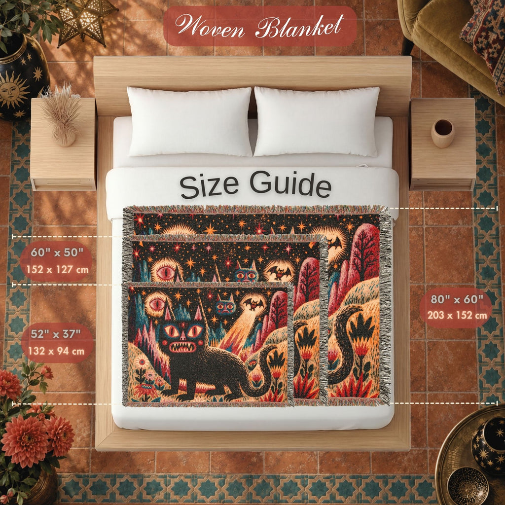 Mystical Black Cat Halloween Woven Blanket – Folk Art Eyes, Stars & Flowers