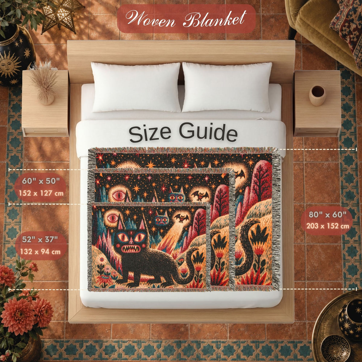 Mystical Black Cat Halloween Woven Blanket – Folk Art Eyes, Stars & Flowers