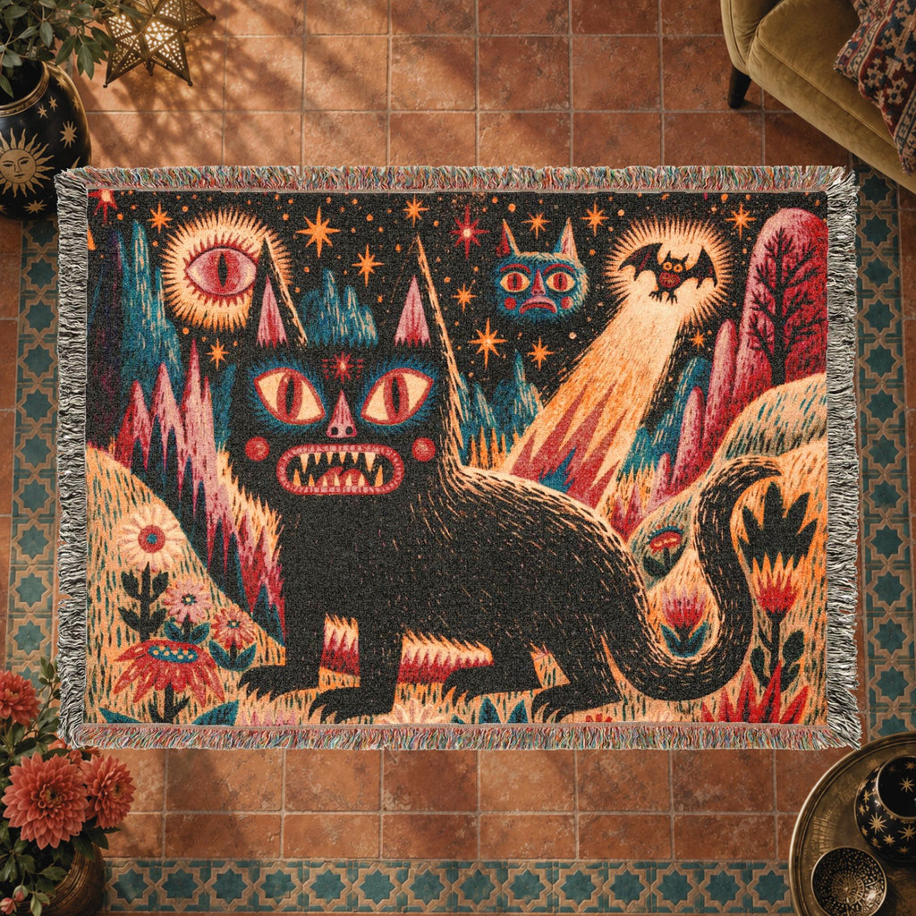 Mystical Black Cat Halloween Woven Blanket – Folk Art Eyes, Stars & Flowers