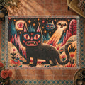 Mystical Black Cat Halloween Woven Blanket – Folk Art Eyes, Stars & Flowers