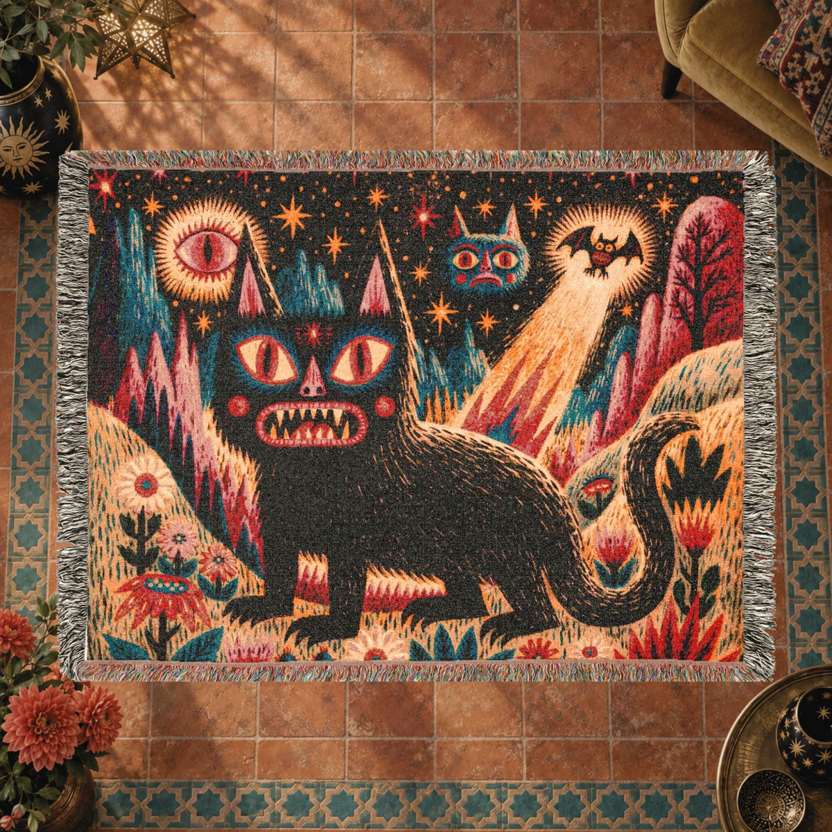 Mystical Black Cat Halloween Woven Blanket – Folk Art Eyes, Stars & Flowers