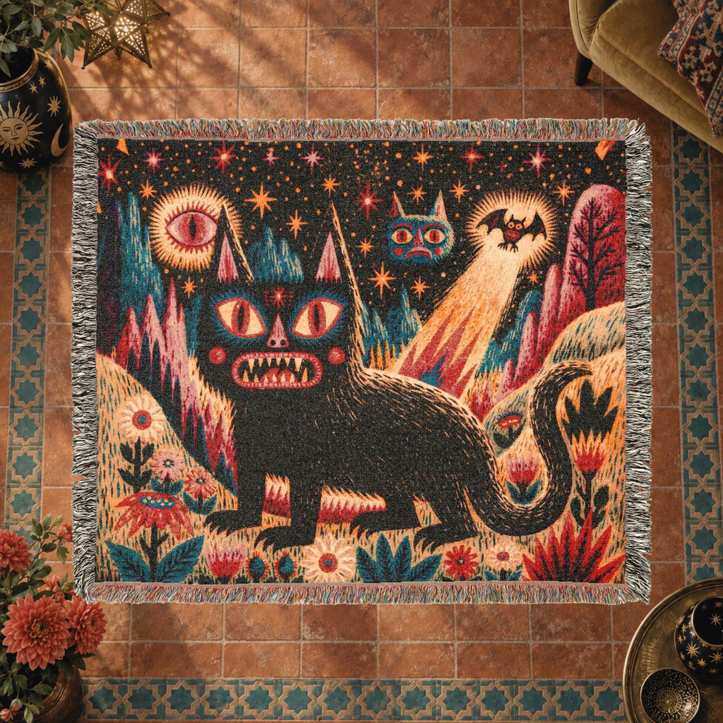 Mystical Black Cat Halloween Woven Blanket – Folk Art Eyes, Stars & Flowers