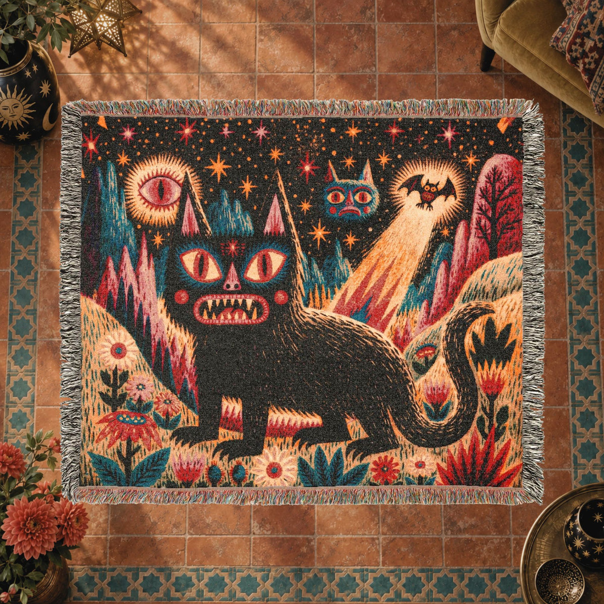 Mystical Black Cat Halloween Woven Blanket – Folk Art Eyes, Stars & Flowers