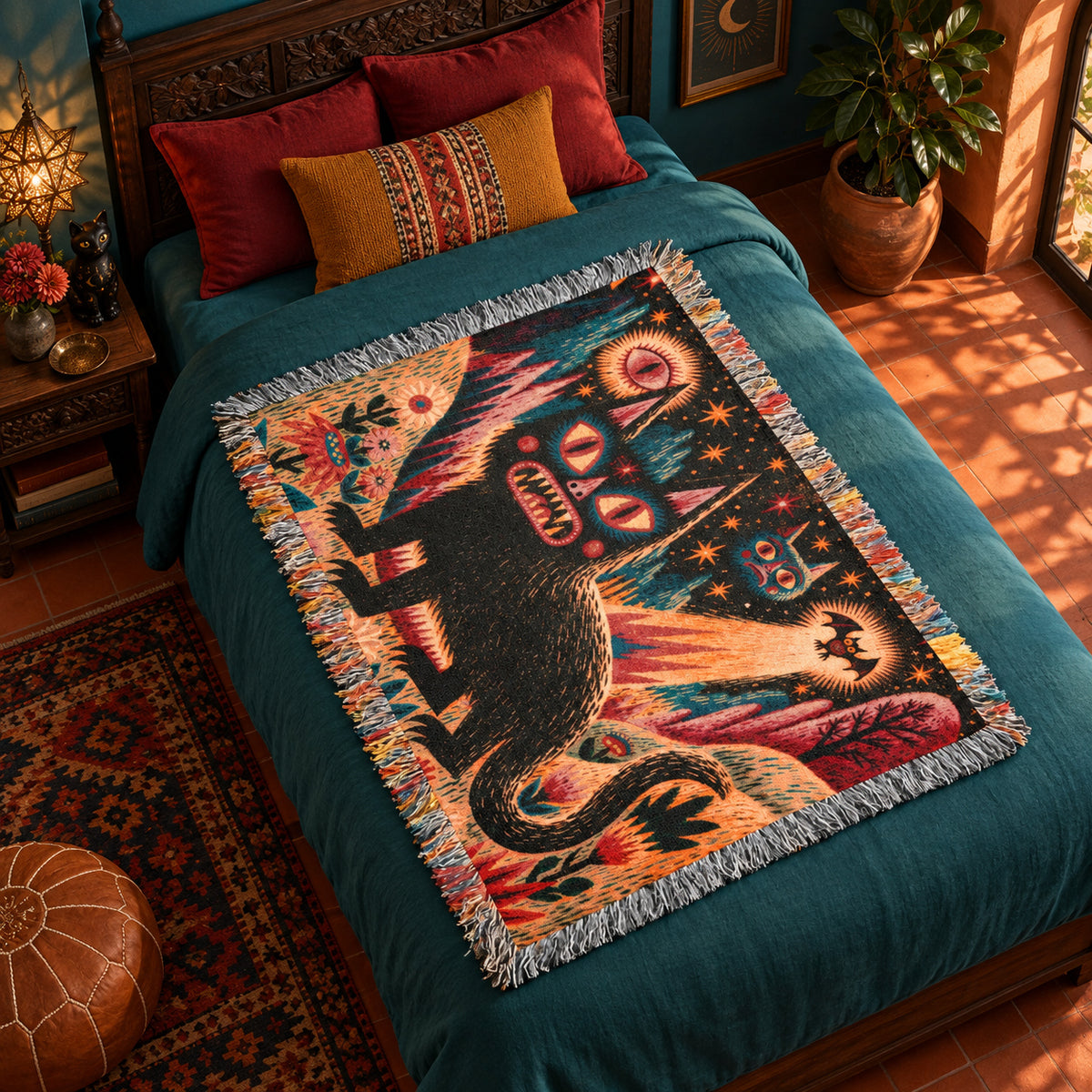 Mystical Black Cat Halloween Woven Blanket – Folk Art Eyes, Stars & Flowers