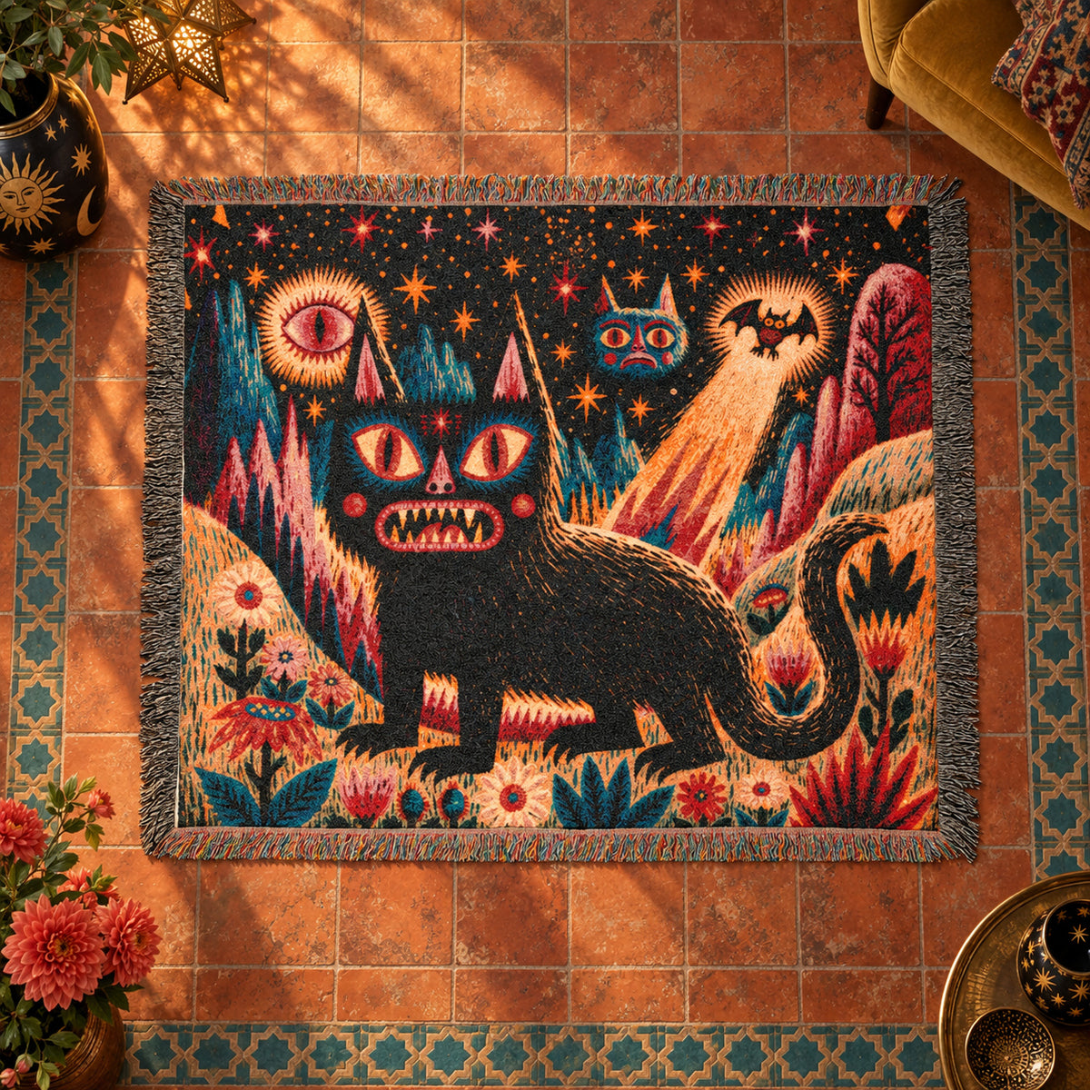 Mystical Black Cat Halloween Woven Blanket – Folk Art Eyes, Stars & Flowers