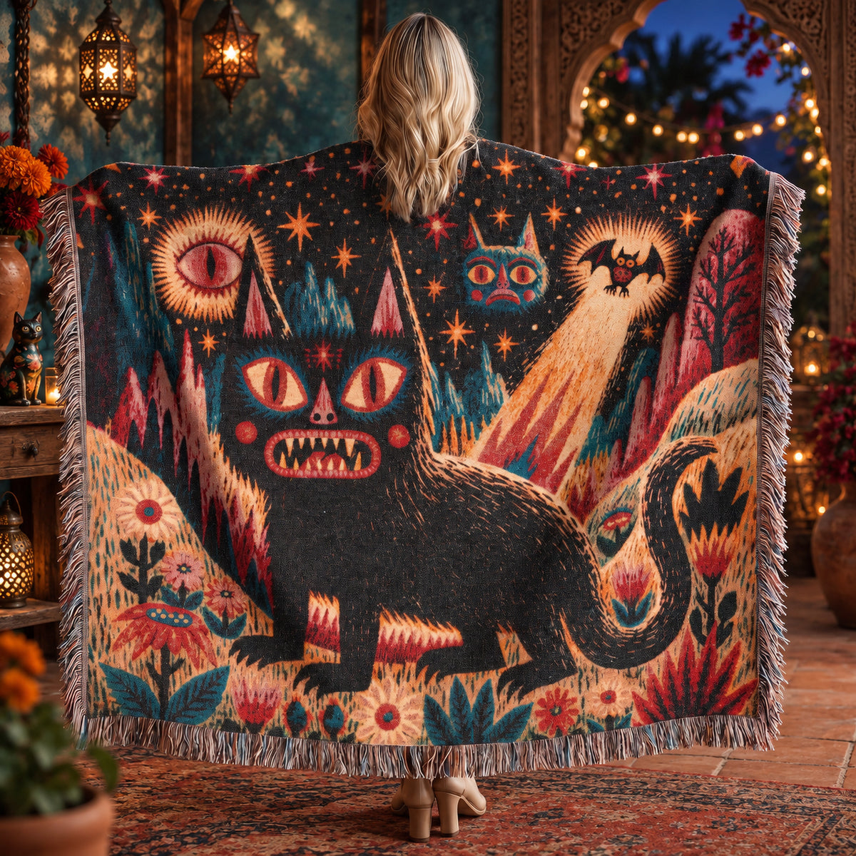 Mystical Black Cat Halloween Woven Blanket – Folk Art Eyes, Stars & Flowers