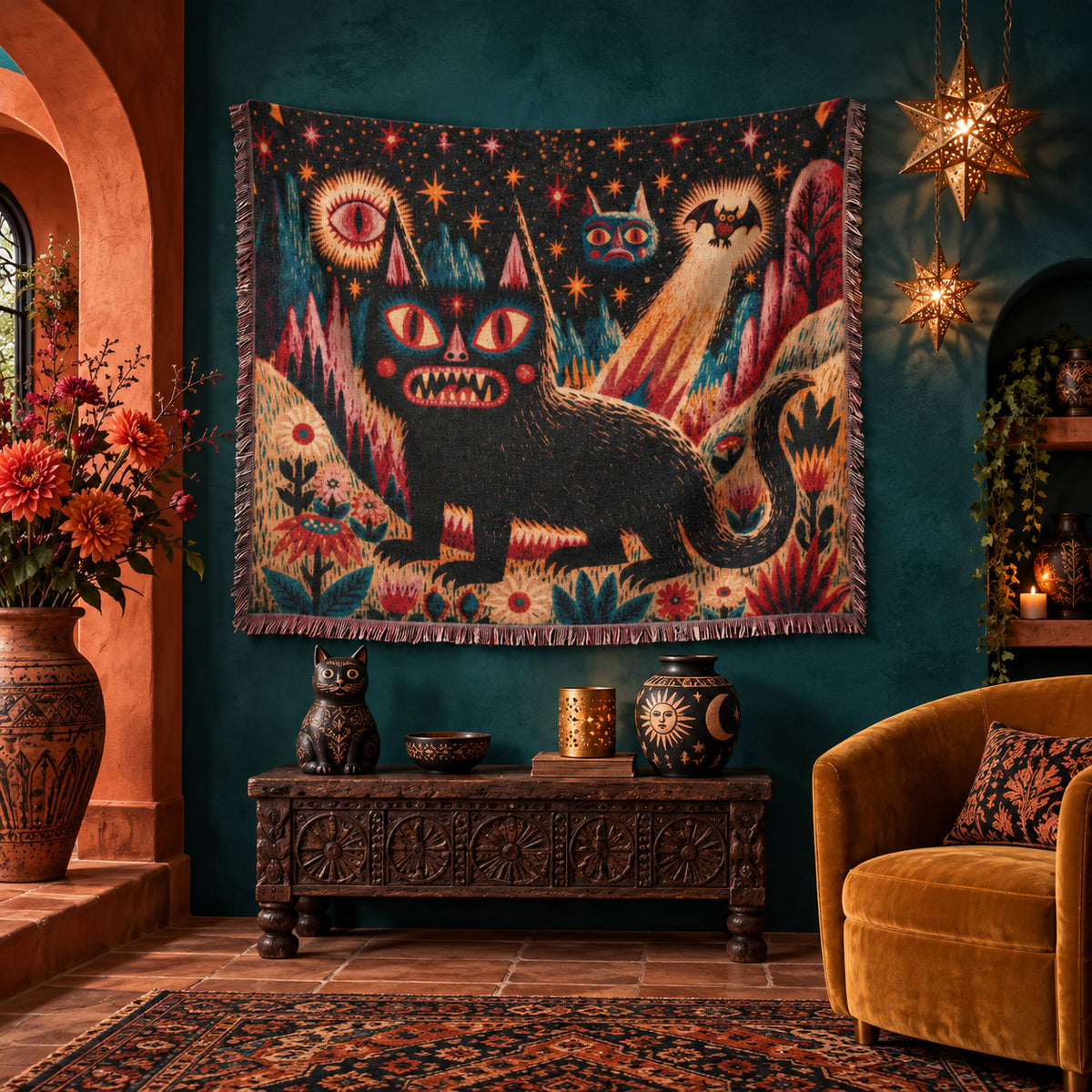 Mystical Black Cat Halloween Woven Blanket – Folk Art Eyes, Stars & Flowers